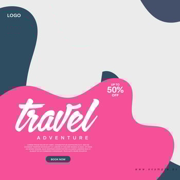 Social media post template for travel and tourism business promotion with agency logo and icons. Summer beach vacation web banner on abstract background. Travel sales poster. Online marketing flyer. vector