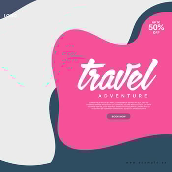 Social media post template for travel and tourism business promotion with agency logo and icons. Summer beach vacation web banner on abstract background. Travel sales poster. Online marketing flyer. vector