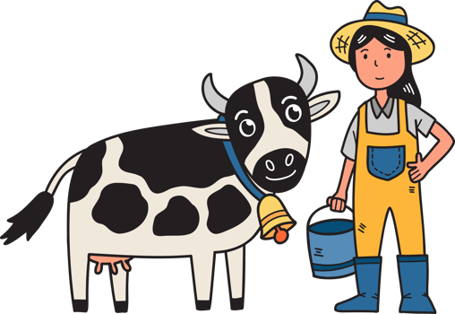 Hand Drawn woman farmer standing next to cow illustration png
