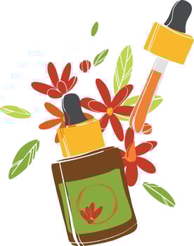 Facial serum for feminine beauty care design. Serum for the face on a background of flowers. Home spa. Healthy lifestyle. Vector design of cosmetic products.