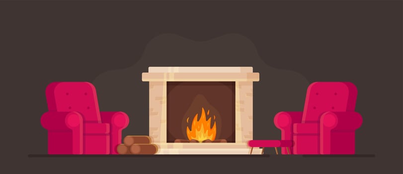 Vector illustration of the concept of a cozy room with a fireplace and armchairs. Bask by the fireplace in the cold season.
