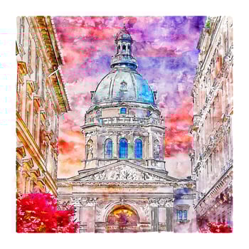 St. Stephen's Basilica Hungary Watercolor sketch hand drawn illustration vector