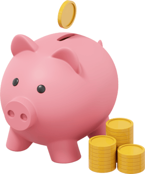 Pink piggy bank, dropping coins, stacks of money. PNG icon on transparent background. 3D rendering.