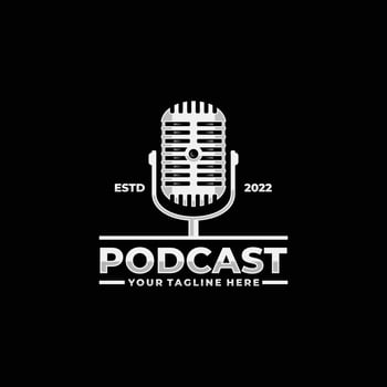 Podcast logo design. Vintage microphone logo vector