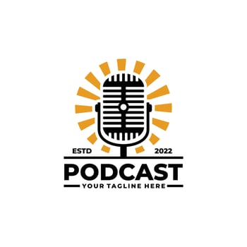 Podcast logo design. Vintage microphone logo vector