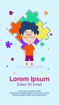 cute boy with puzzle and blue light background. vector
