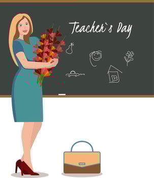 Teacher's Day, teacher, with flowers, at the blackboard, briefcase. vector