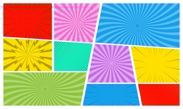 Comic page template with frames with radial and halftone effects. Vector illustration