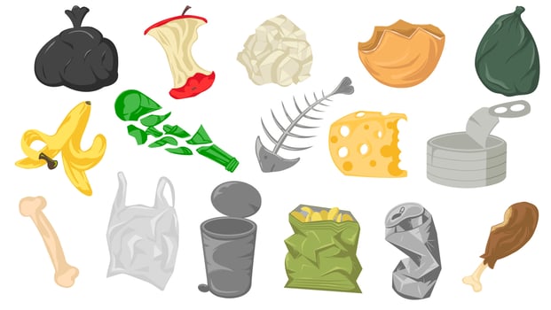 Set of different cartoon scraps and garbage vector graphic illustration. Collection of various trash waste isolated on white background. Environmental pollution concept