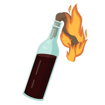 Burning molotov cocktail. Bottle explosive liquid and burning rag wick. vector