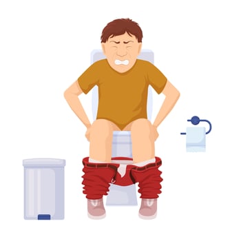Character with constipation in toilet. Man stomach problems sits on toilet grimace pain exertion aggravated hemorrhoids. vector