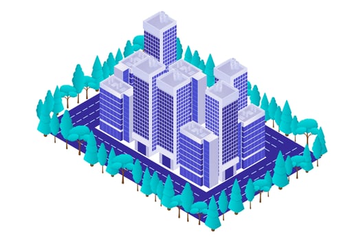 Business quarter with skyscrapers and park isometric. Center modern city business high rise buildings. vector