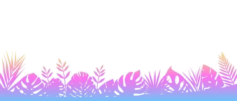 Pink fern background. Horizontal decoration of tropical jungle floral exotic background with elegant fern leaves, wild natural meadow in rays of rising vector sun.