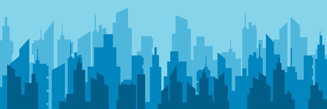 Horizontal city skyline vector flat illustration. Urban architecture cityscape with high modern building construction graphic design. Panorama of skyscraper downtown