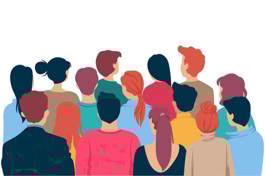 Back view colored head of cartoon people crowd theater watching isolated on white background vector