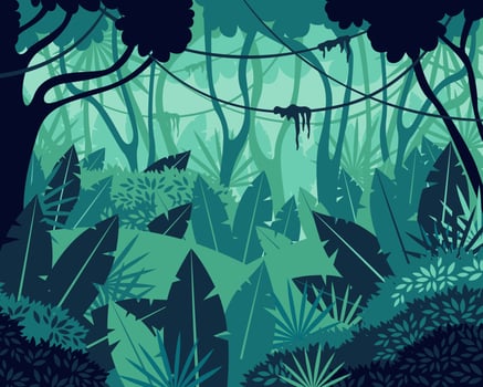 Colored tropical rainforest jungle background vector graphic illustration. Cartoon natural forest landscape with dense plant leaves foliage exotic subtropical climate backdrop