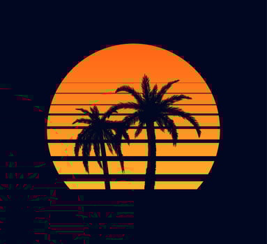 Retro sunset orange. Evening rays setting sun two palm trees against synthwave background of an abstract in strip electronic design in style of 80 fantastic grid of futuristic vector landscape.