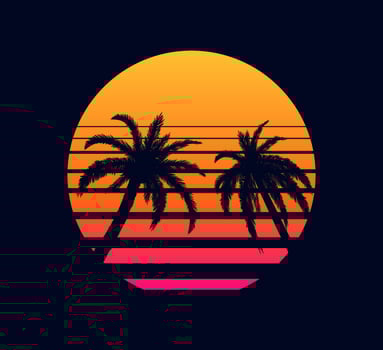 Retro sunset orange pink. Evening rays setting sun two palm trees against background of an abstract in strip electronic synthwave design in style of 80 fantastic grid of futuristic vector landscape.