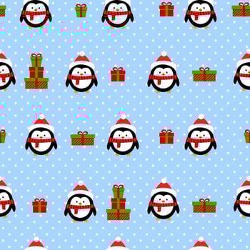 Seamless cute pattern, penguins and gifts. Print for wrapping, wallpaper, fabric, textile. Christmas and New Year greeting cards. vector
