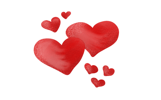 Hand drawn watercolor hearts elements for design. Group of seven simple heart shapes. Cute love symbols png