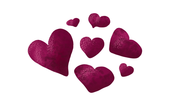 Hand drawn watercolor purple hearts elements for design. Group of seven simple heart shapes. Cute love symbols png