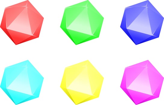 Shiny hexagon crystal gemstone set. Red green blue cyan yellow magenta gemstone for logo, icon, sign, symbol or item games vector