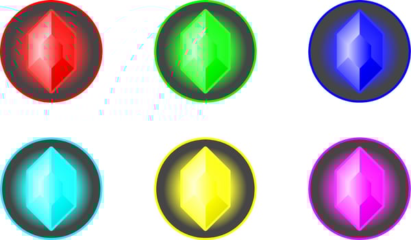 Shiny hexagon crystal gemstone set. Red green blue cyan yellow magenta gemstone for logo, icon, sign, symbol or item games. Shiny ruby, emerald, diamond, sapphire vector