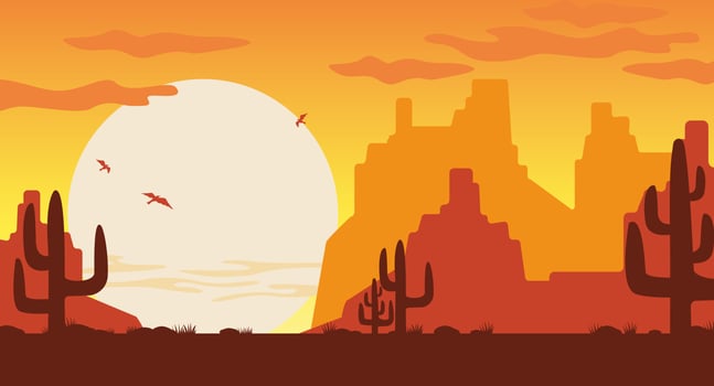 Wild west at sunset illustration. Orange silhouettes of Arizona mountains brown cactuses. vector