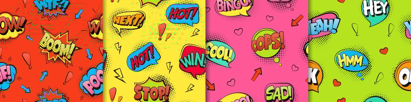 Comic text seamless pattern. Red retro cartoon style with blue phrases explosive fun in green vintage. vector
