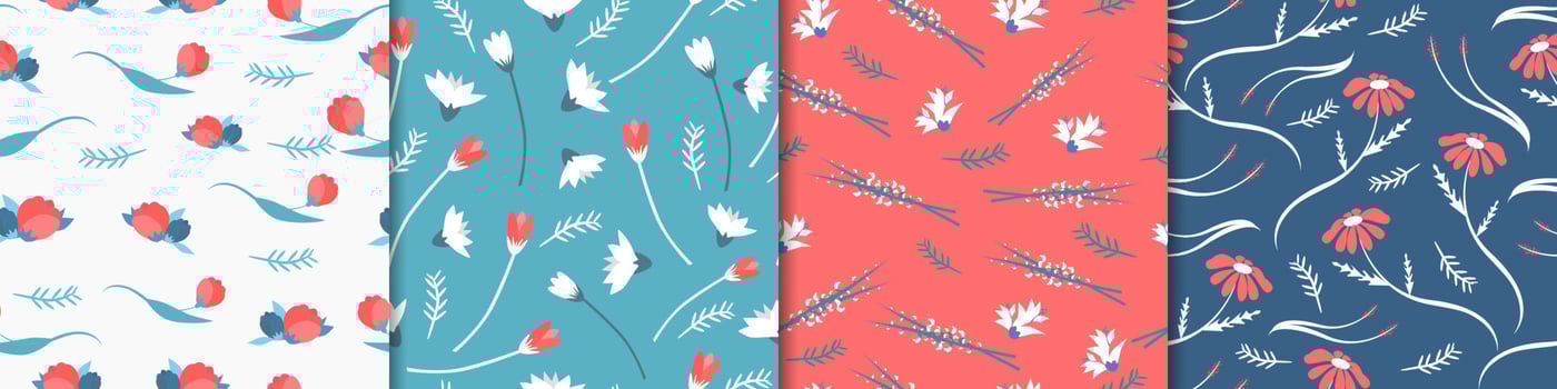 Wildflowers seamless pattern. Red white tulips with green flying leaves red daisies with elongated white stems beautiful spring romantic ornament decorative flowering of vector summer.
