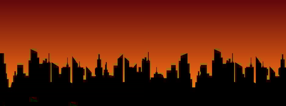 City landscape against setting sun. Silhouettes black panoramic skyscrapers on dark orange vector sunset background.