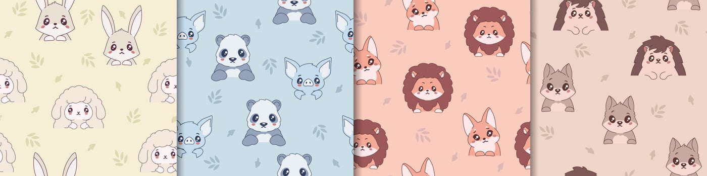 Cute anime animals seamless pattern. Kind yellow hares and sheep in cartoon style. vector