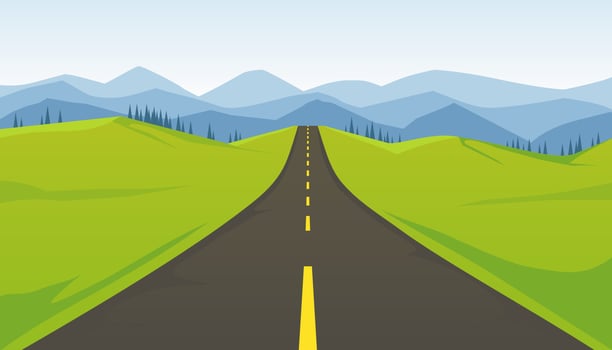 Straight highway mountainous road. Long asphalt road with yellow markings vector