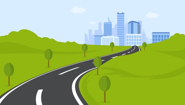 Central winding highway to metropolis. Curve marked road towards city vector