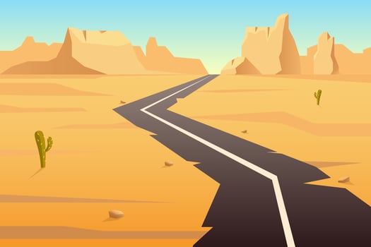 Winding highway in desert. Old asphalt road going through yellow sands with cactuses vector