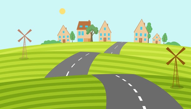 Highway is laid through hilly fields to village. Winding circular roads vector