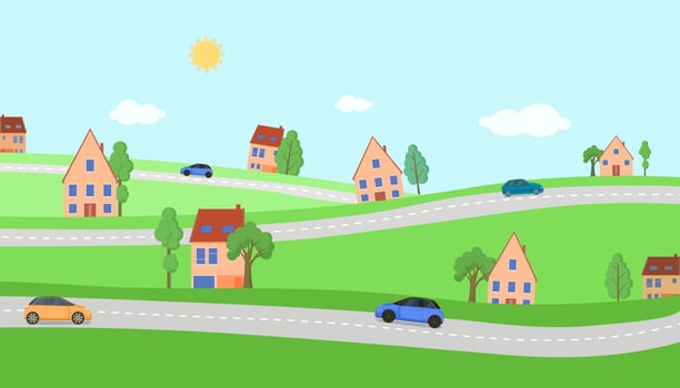 Highway road in village. Cars drive on winding circular roads next to houses vector