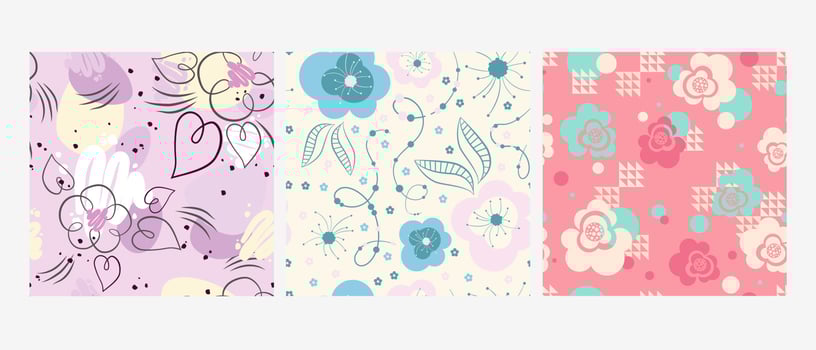 Abstract floral ornamental seamless pattern. Flowers with leaves and hearts on pastel background. Design for fabric, wrapping paper vector illustration.