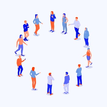 Circle people discussing plans and projects isometric. Working team managers is developing joint strategy. vector
