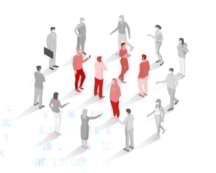 People condemn lack protective masks isometric concept. Gray characters in masks standing in circle discussing red persons in center. vector