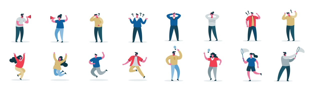 Male and female cartoon character showing different emotion set vector flat illustration