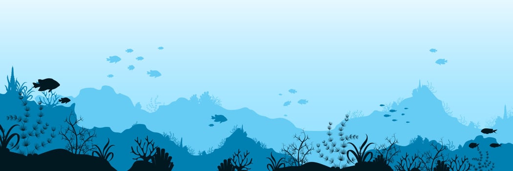 Underwater ocean world background. Black silhouettes swimming sea fish with blue outlines corals. vector