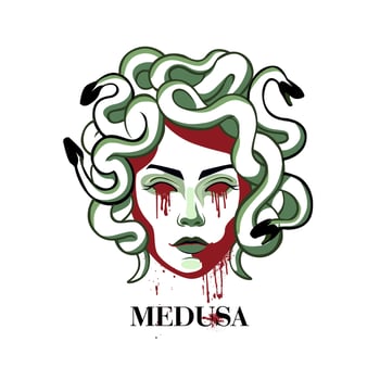Severed head gorgon medusa. Bleeding mythical creature with snakes instead of hair eerie look. vector