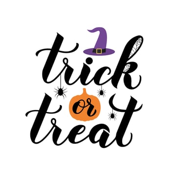 Trick or Treat Halloween quote calligraphy hand lettering with pumpkin and spiders. Easy to edit vector template for greeting card, banner, typography poster, party invitation, t-shirt, etc.