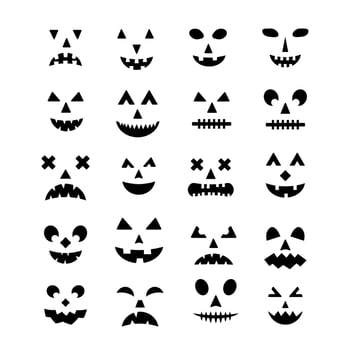 Halloween Pumpkin Faces icon set. Spooky Jack-o'-Lantern vector elements isolated on white. Halloween party decorations