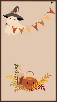 Halloween wallpaper, the ghost sheet who wears a black witch hat is holding Halloween flags, cute pumpkin pot, leaves and candle. vector