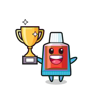Cartoon Illustration of toothpaste is happy holding up the golden trophy vector
