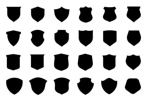 Set of 24 shield, glyph style, flat design silhouette vector