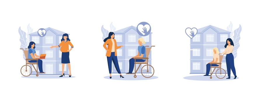 Social services work. Social facilities, care for the elderly and disabled people, health care, retired people, nursing home. set flat vector modern illustration