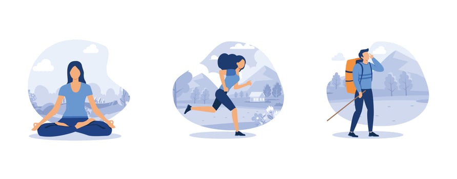 Sports lifestyle. Yoga school, running and hiking, fitness studio, meditation practice, morning jogging, mountain climbing. set flat vector modern illustration